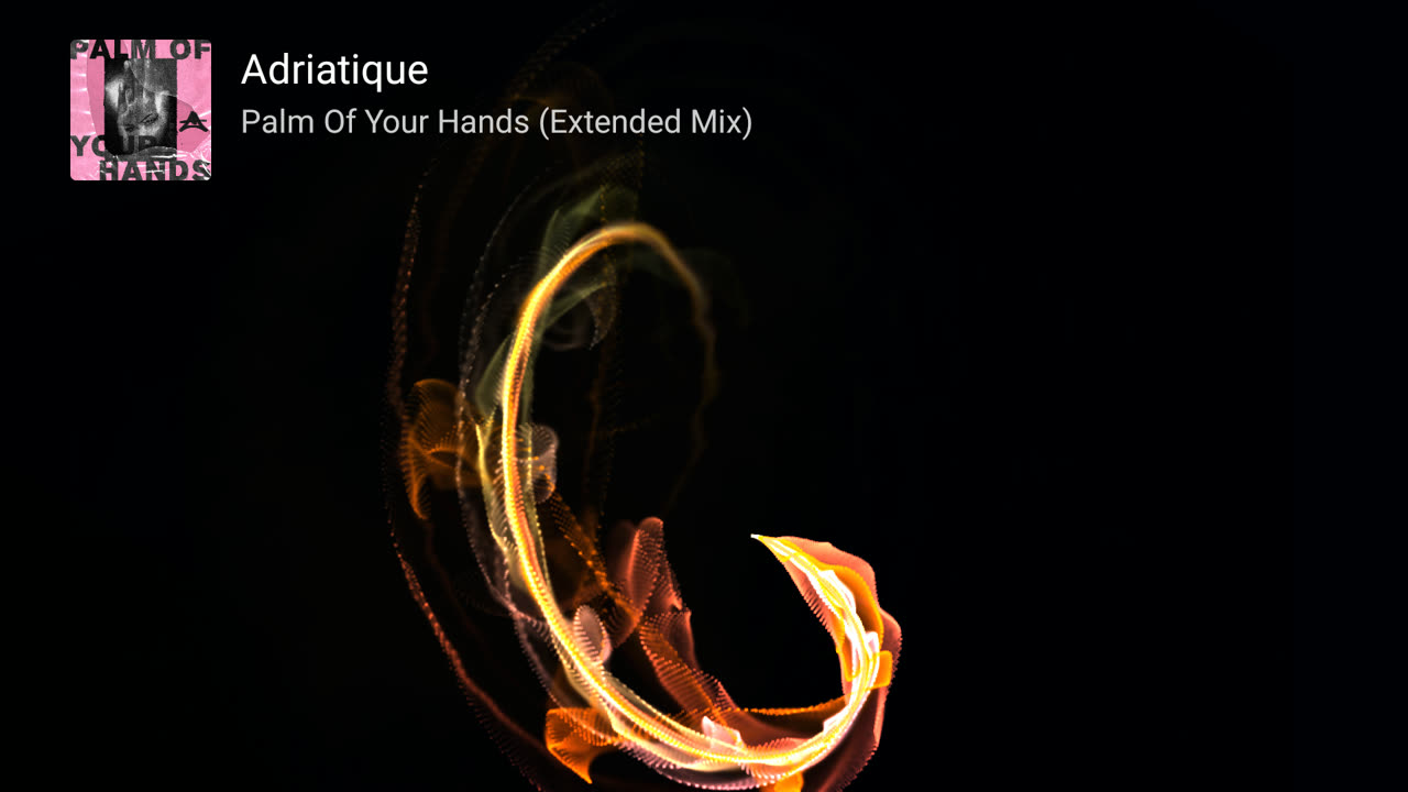 A ProjectM TV preset with the playing track's cover, artist and title