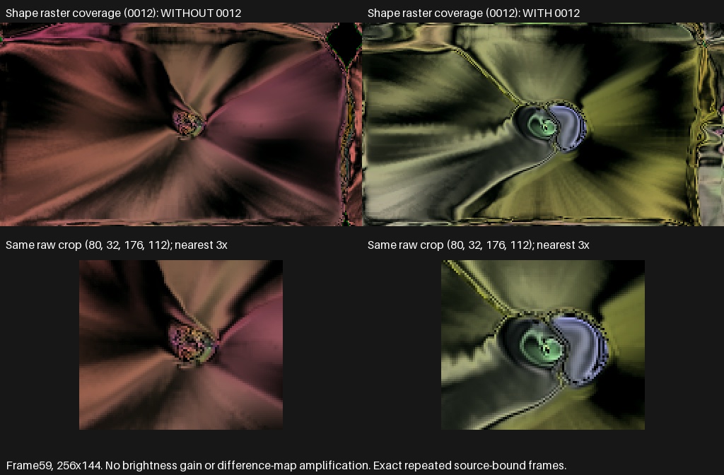 Green machine btbam: pink/brown wedges without 0012, green/yellow structure with it