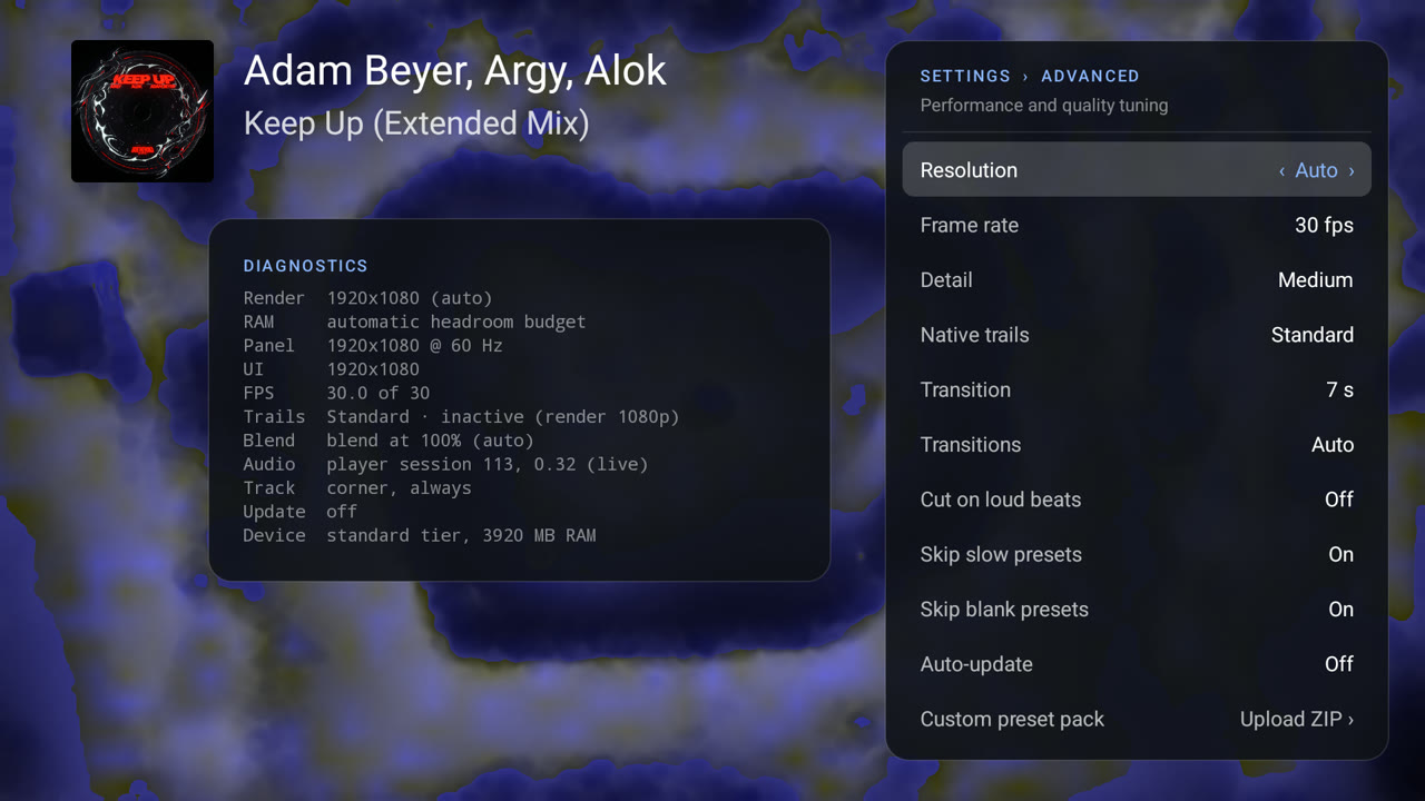Advanced settings at their defaults with the Diagnostics card on a 1080p TV