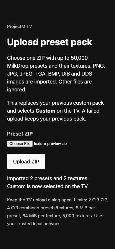 Browser upload page after importing a two-preset ZIP, at a 390 px phone viewport