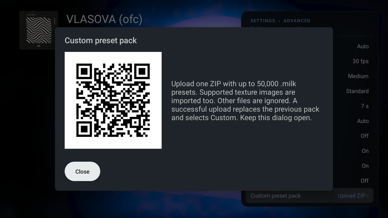 Custom preset pack dialog with its QR code over the Advanced panel