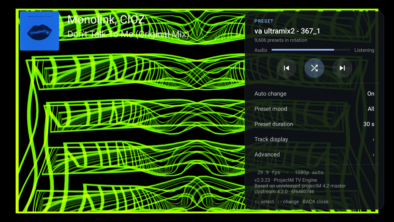 Main settings panel over a running preset: Preset, audio meter, Previous/Random/Next, Auto change, Preset mood, Preset duration, Track display, Advanced, frame rate and engine version