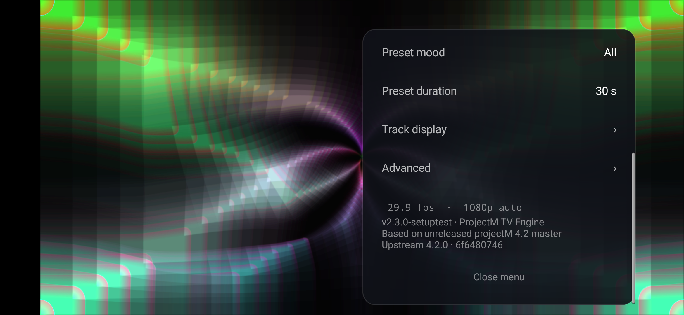 Touchscreen menu after scrolling, with preset values, Track display, Advanced and Close menu